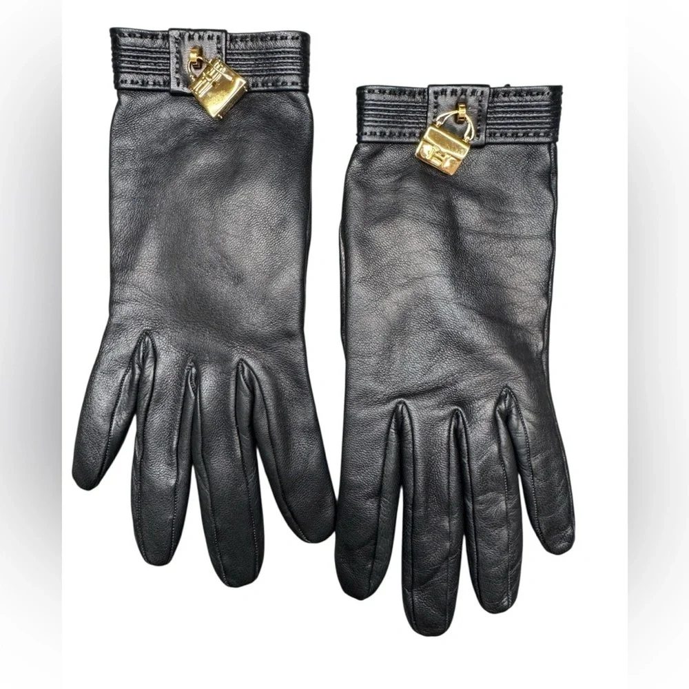 Hermes Kelly Constance Gold Amulette Black Lambskin Leather Gloves Size XS 6.5